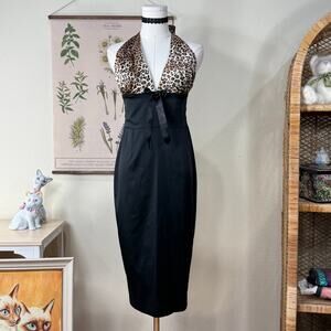 Y2k Leopard Bow Halter Bodycon Wiggle Dress Sexy Trashy Gyaru Bimbo Rockabilly S